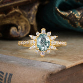 1.5 Carat Oval Cut Cluster Moss Agate Anniversary Ring Vintage Pave Braid Band